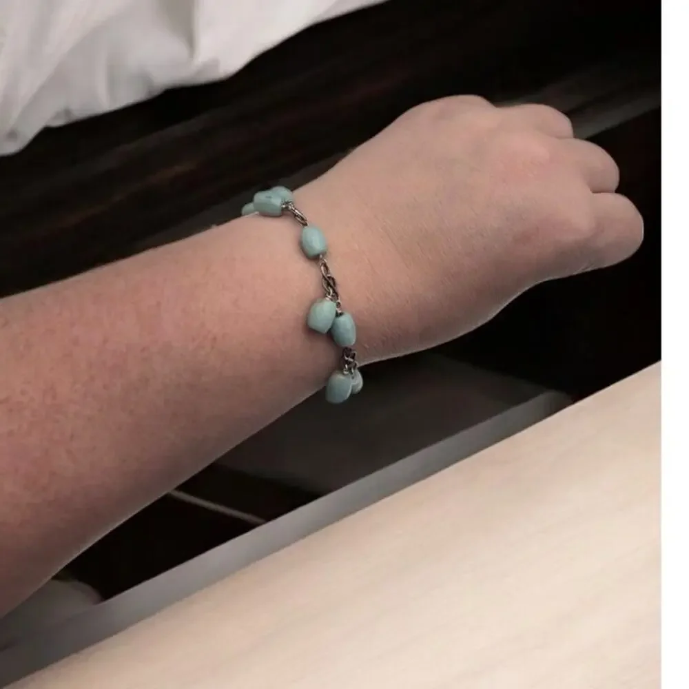 Soft Blue Tones & Silver Accent Vintage Beaded Stone Charm Bracelet – Boho Chic